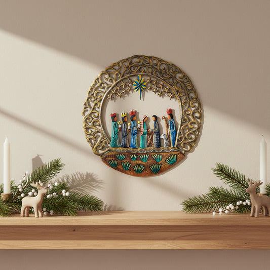 Hand-cut and hammered upcycled metal nativity wall art, Hand painted, Fair Trade, Ethically Handmade
