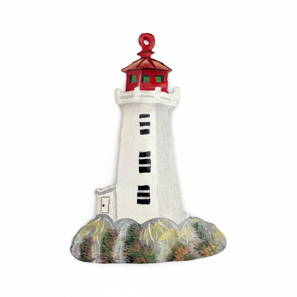 Fair trade handcrafted upcycled metal lighthouse ornament with a red top, sustainably crafted, artisan made