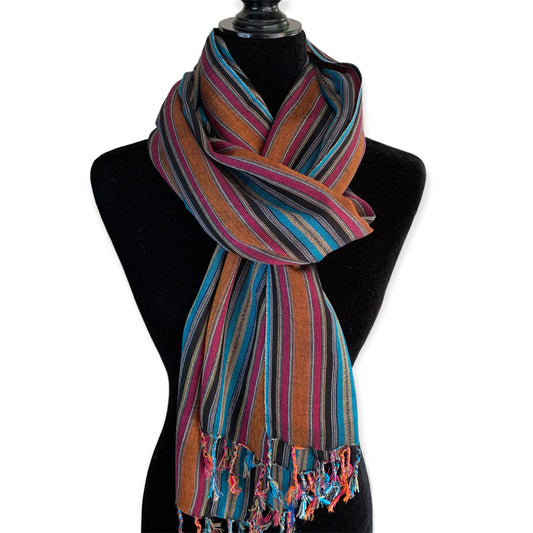 Mixed Striped Handwoven Bamboo Viscose Scarf - Black, Orange & Turquoise