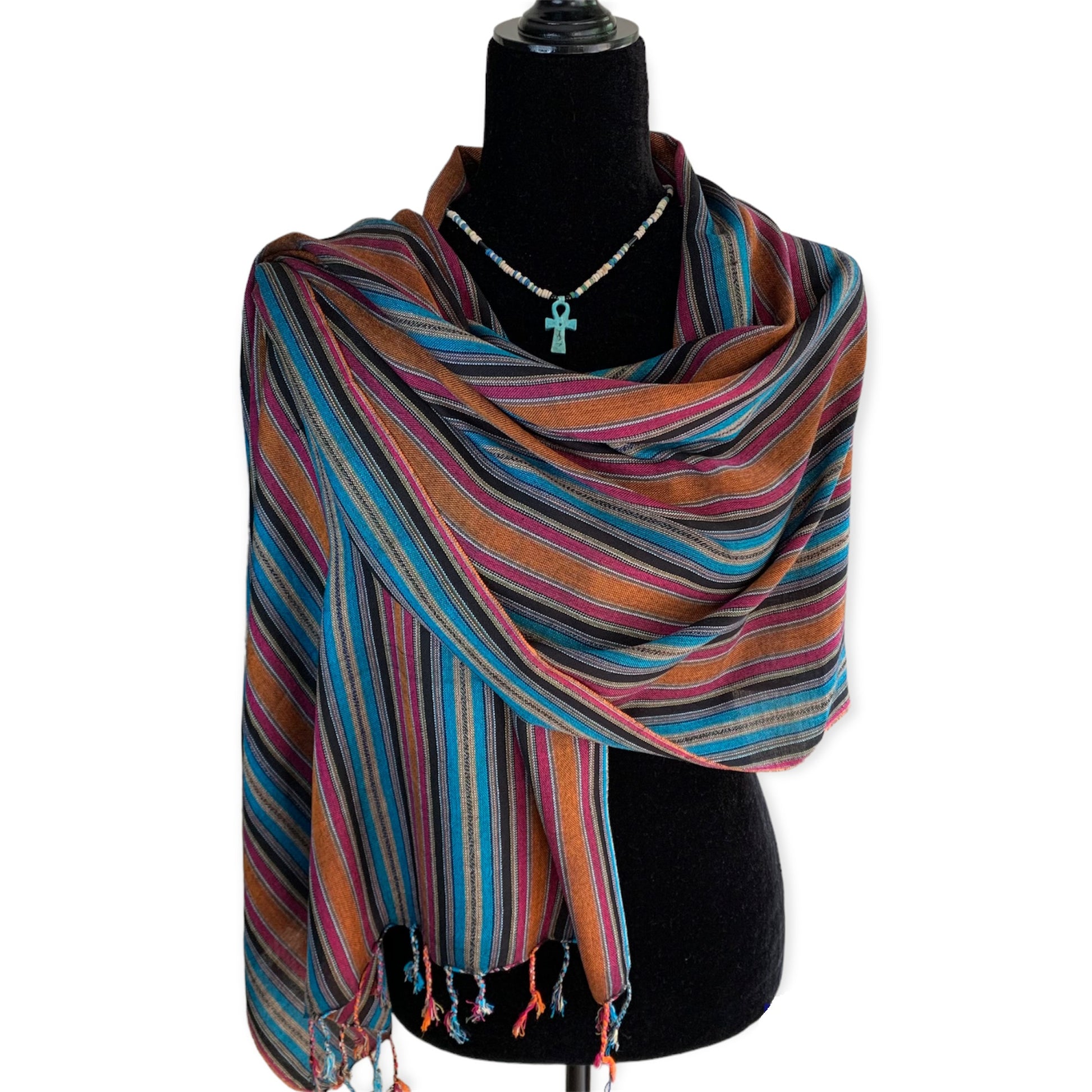 Mixed Striped Handwoven Bamboo Viscose Scarf - Black, Orange & Turquoise