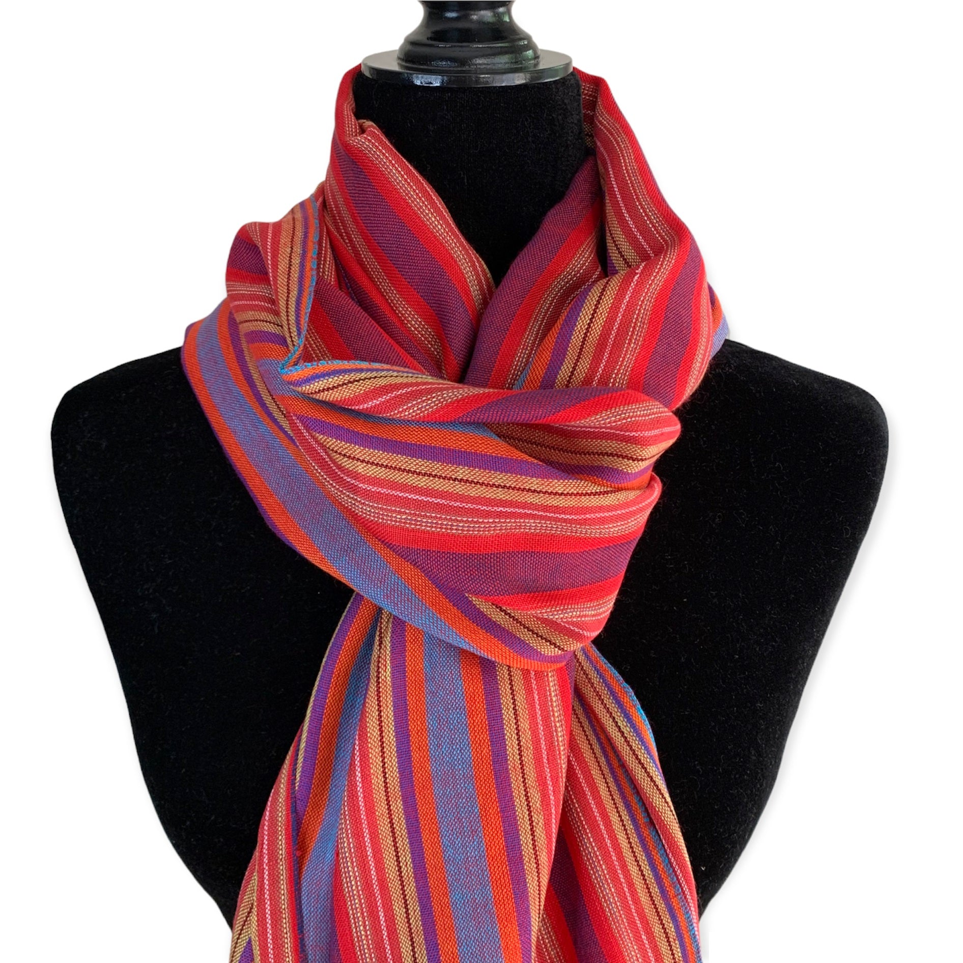 Mixed Striped Handwoven Bamboo Viscose Scarf - Red, Mustard & Mauve
