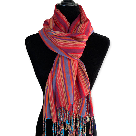 Mixed Striped Handwoven Bamboo Viscose Scarf - Red, Mustard & Mauve