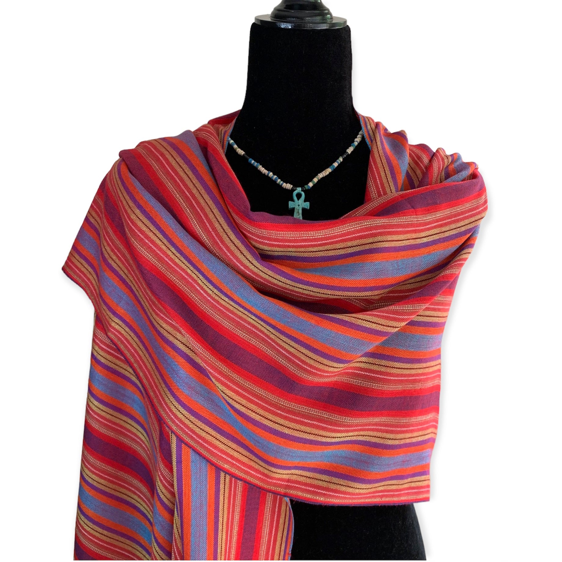 Mixed Striped Handwoven Bamboo Viscose Scarf - Red, Mustard & Mauve