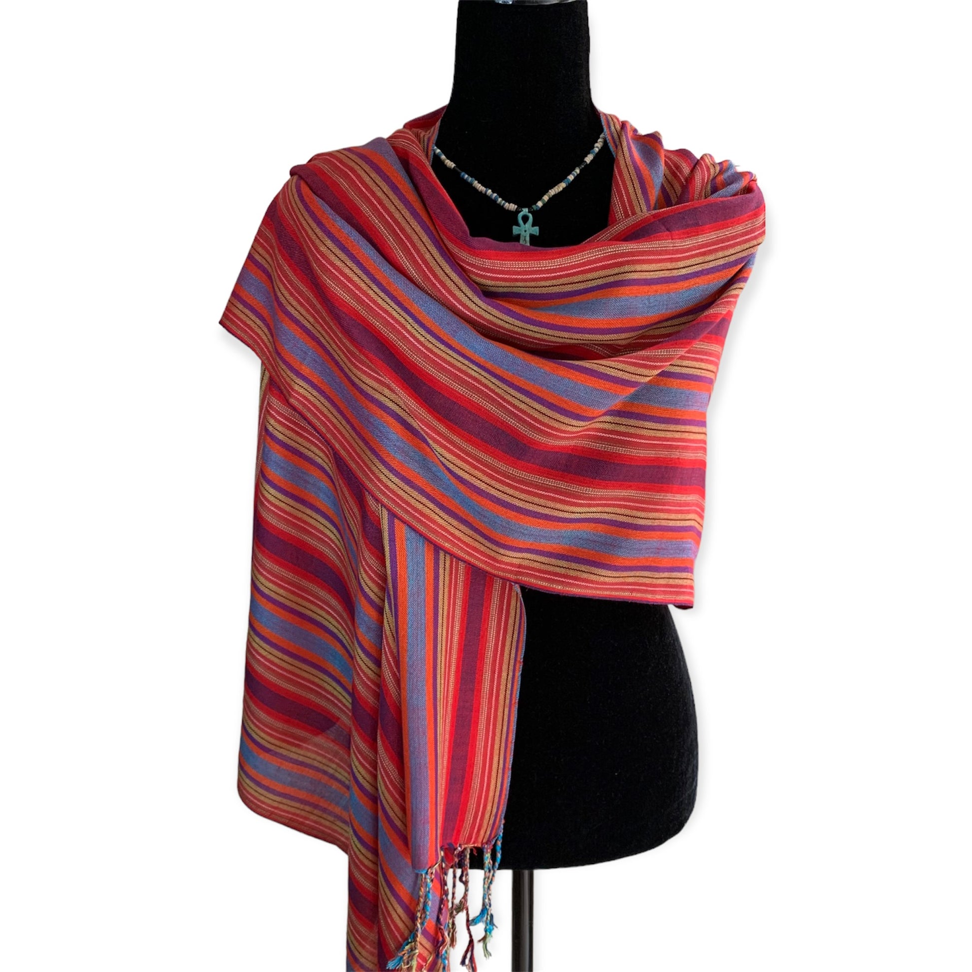 Mixed Striped Handwoven Bamboo Viscose Scarf - Red, Mustard & Mauve
