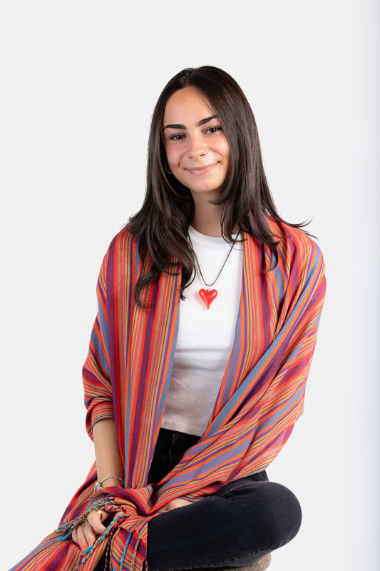 Mixed Striped Handwoven Bamboo Viscose Scarf - Red, Mustard & Mauve