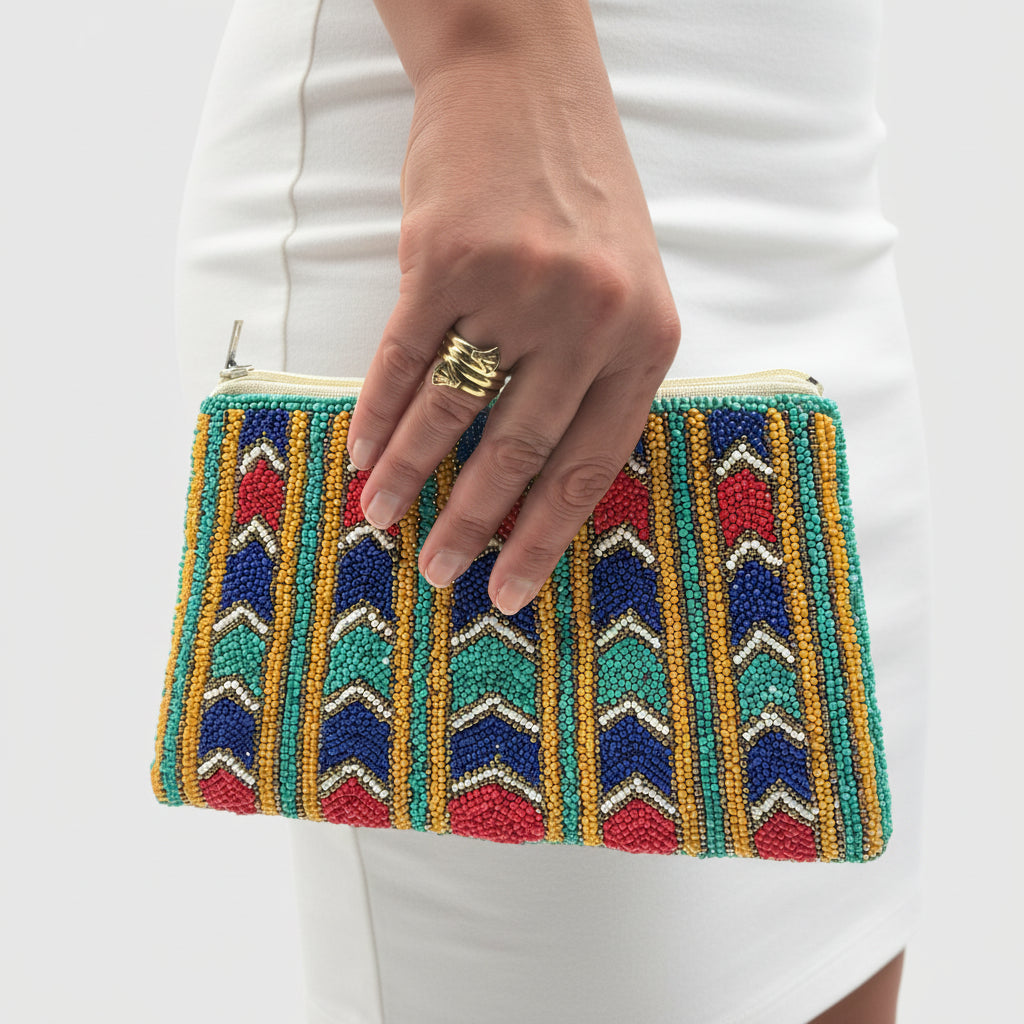 Nefertiti Hand-beaded Clutch with geometric chevron patterns - Blue & Red, Ethical fashion