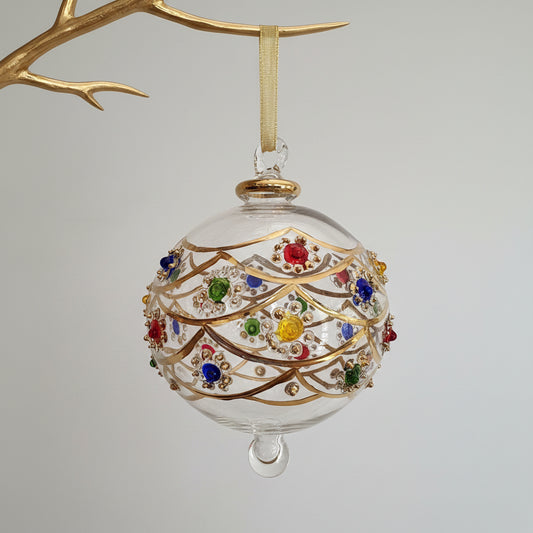 Decorative hand-blown glass bauble ornament with colorful gemstones-like design and gold detail, fair trade handmade