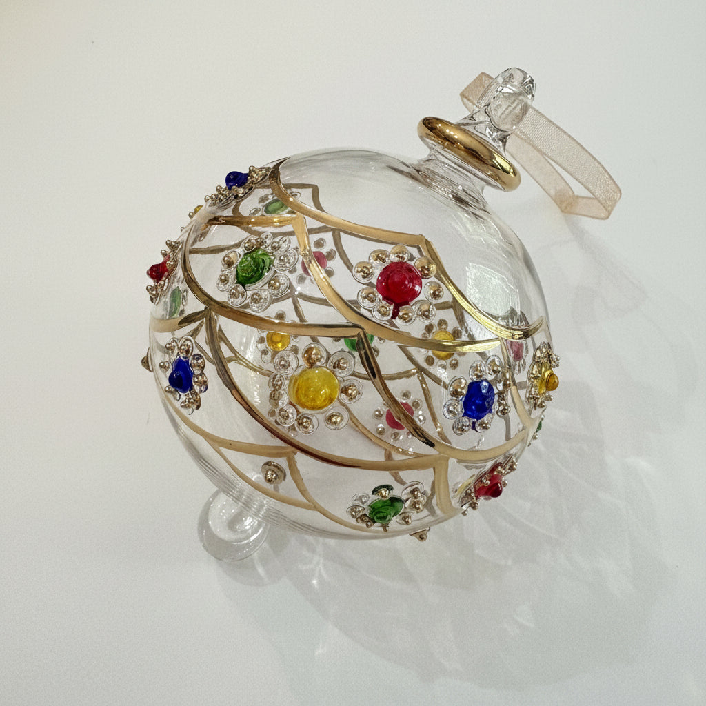 Decorative hand-blown glass bauble ornament with colorful gemstones-like design and gold detail, fair trade handmade