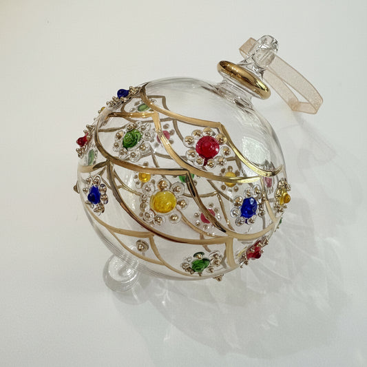 Decorative hand-blown glass bauble ornament with colorful gemstones-like design and gold detail, fair trade handmade
