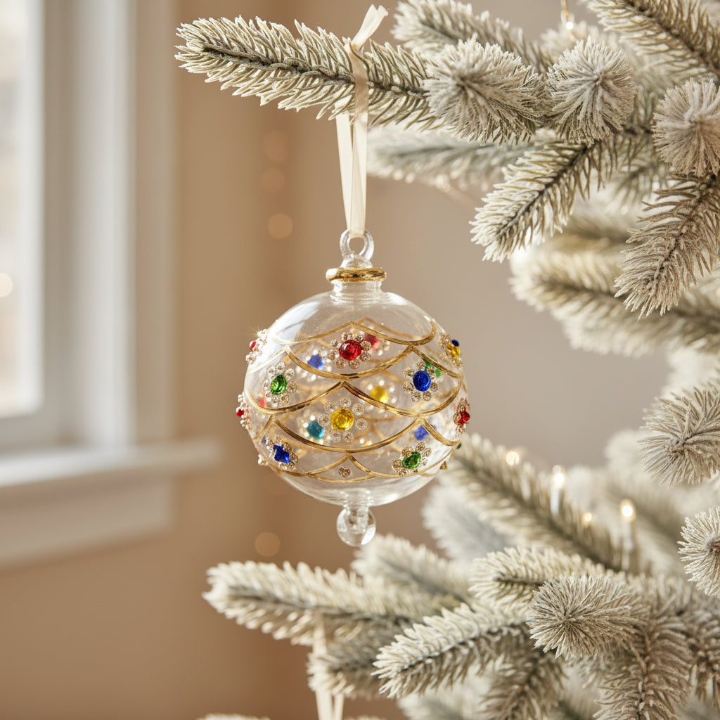 Decorative hand-blown glass bauble ornament with colorful gemstones-like design and gold detail, fair trade handmade