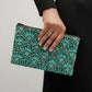 Fair Trade Hand-beaded Clutch with Papyrus Pattern in Turquoise & Antique Bronze on Black Fabric, Sustainable Fashion
