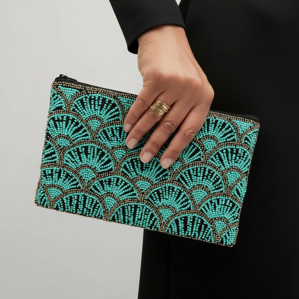 Fair Trade Hand-beaded Clutch with Papyrus Pattern in Turquoise & Antique Bronze on Black Fabric, Sustainable Fashion