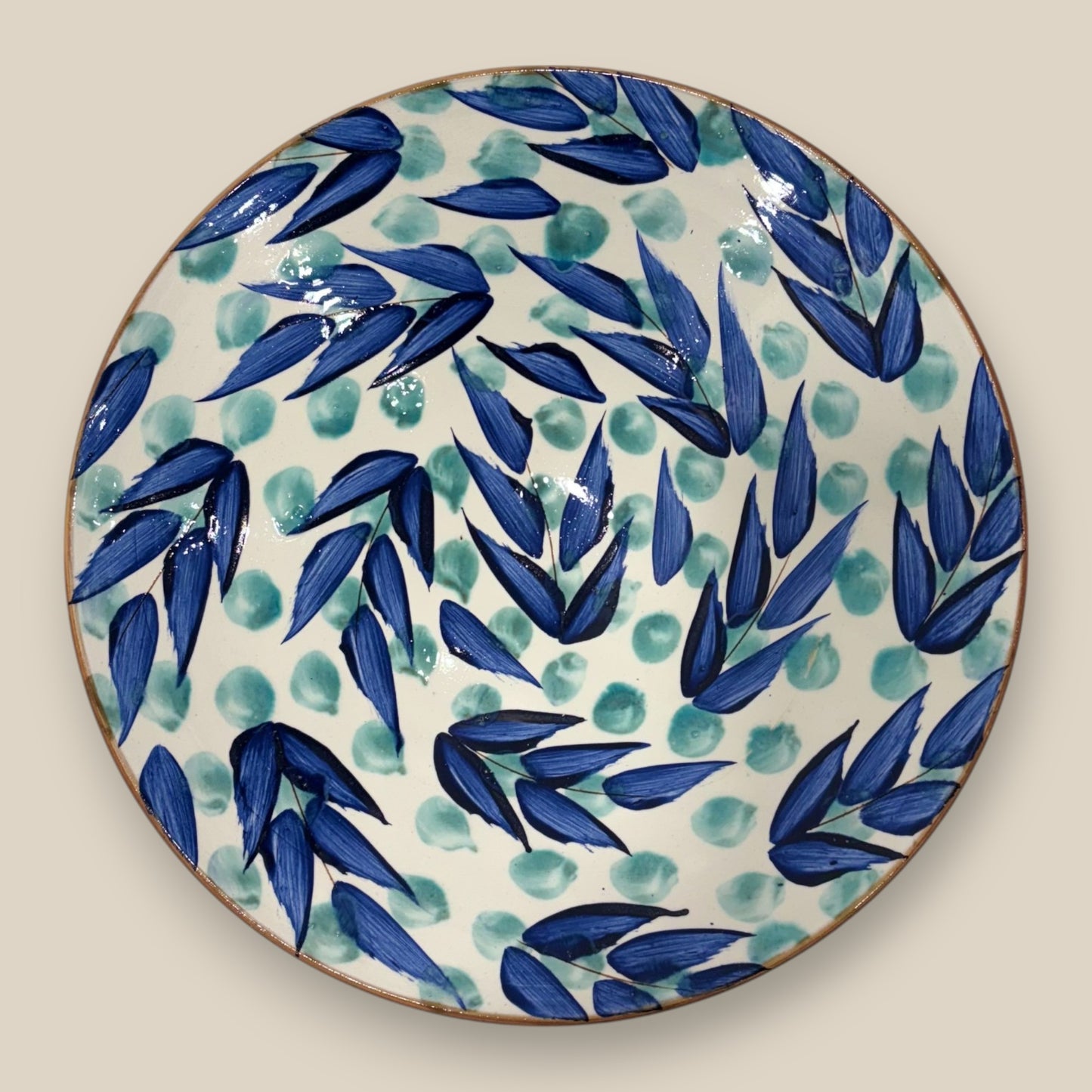 Blue & Green Olive Leaves Pottery Platter