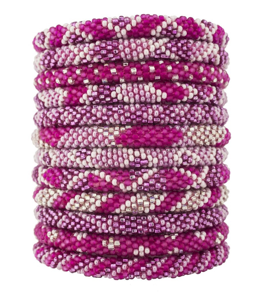 Fair Trade Roll-On Beaded Bracelets - Cotton Candy, Ethical Sustainable Fashion, Geometric Fuchsia, Pink & White