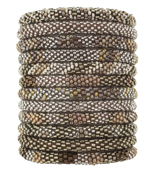 Hand-beaded bracelets in various shades of brown and beige, ethically handmade by women artisans of glass beads, fair trade