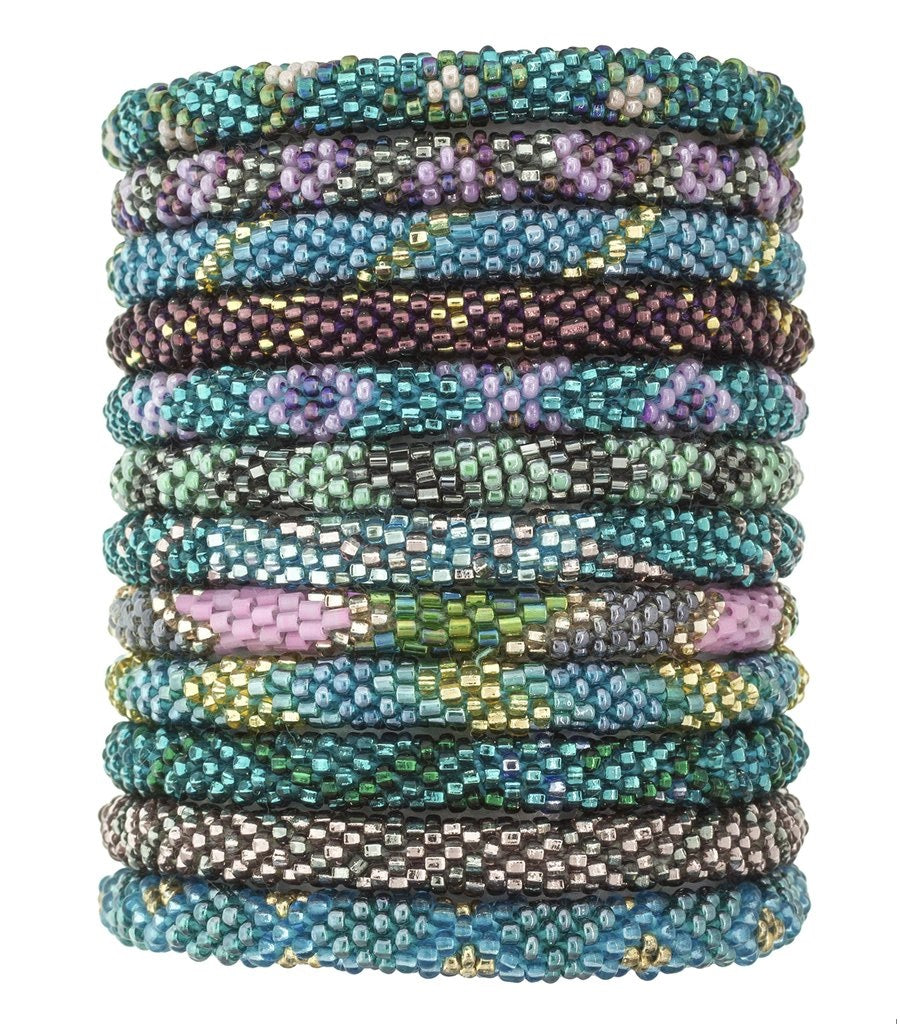 Fair Trade Roll-On Hand Beaded Bracelets - Mermaid, Ethical Sustainable Fashion, Green, Teal & Lilac Geometric