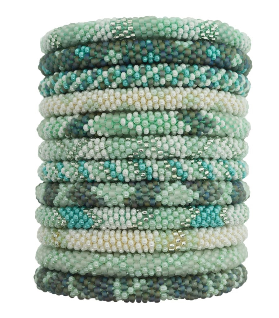 Fair Trade Roll-On Hand Beaded Bracelets - Sea Glass, Ethical Sustainable Fashion, Green Pistachio White Geometric