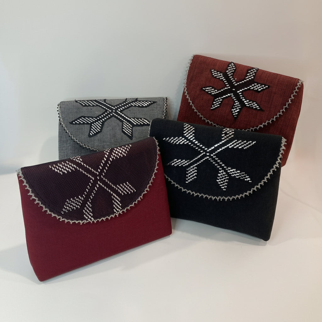 Fair Trade Samra Handcrafted Moiré & Tally Clutch Embroidered with Silver Thread, Sustainable Fashion