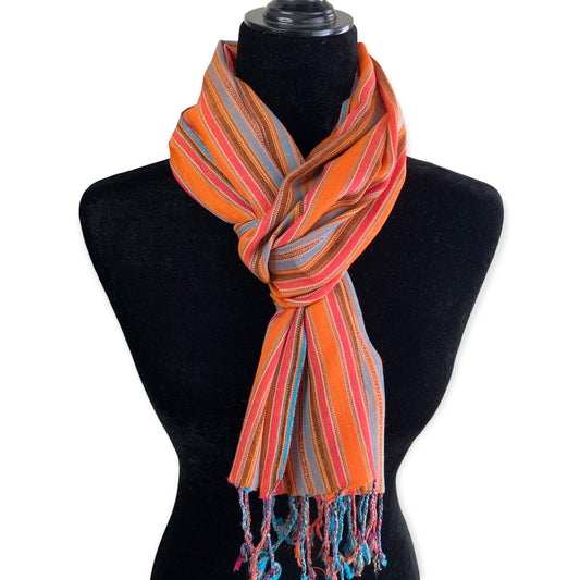 Small Mixed Striped Handwoven Bamboo Viscose Scarf - Orange