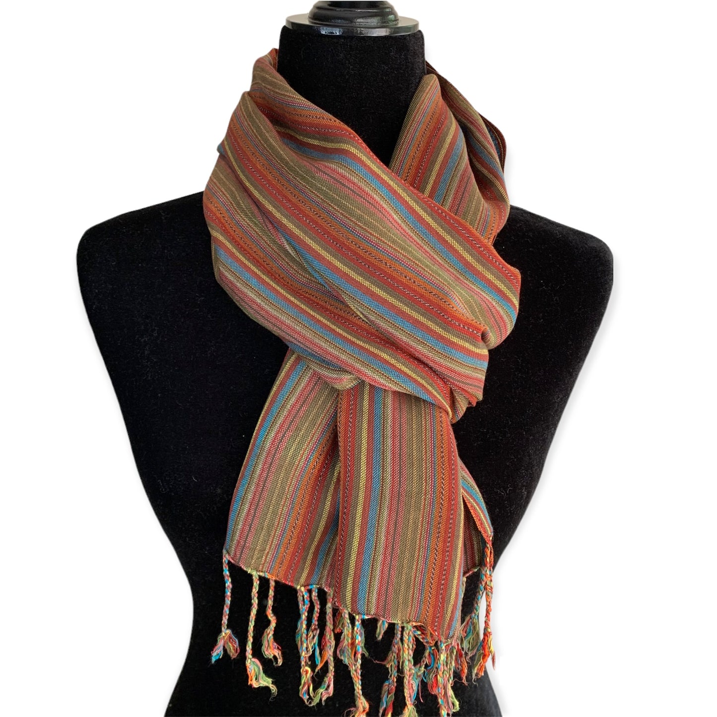 Small Striped Handwoven Bamboo Viscose Scarf - Blue & Yellow with Olive