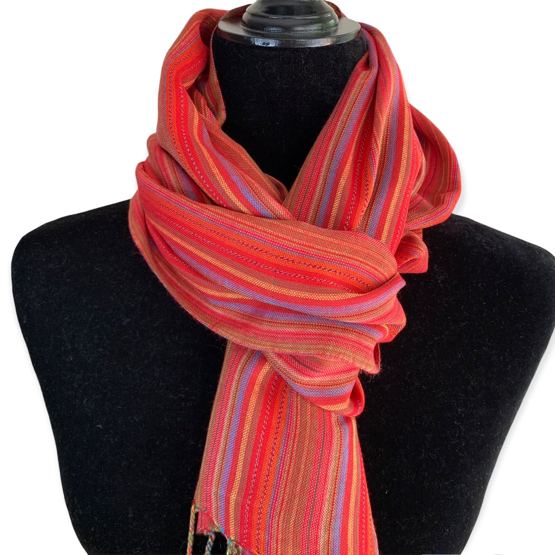 Small Striped Handwoven Bamboo Viscose Scarf - Blue & Yellow with Red