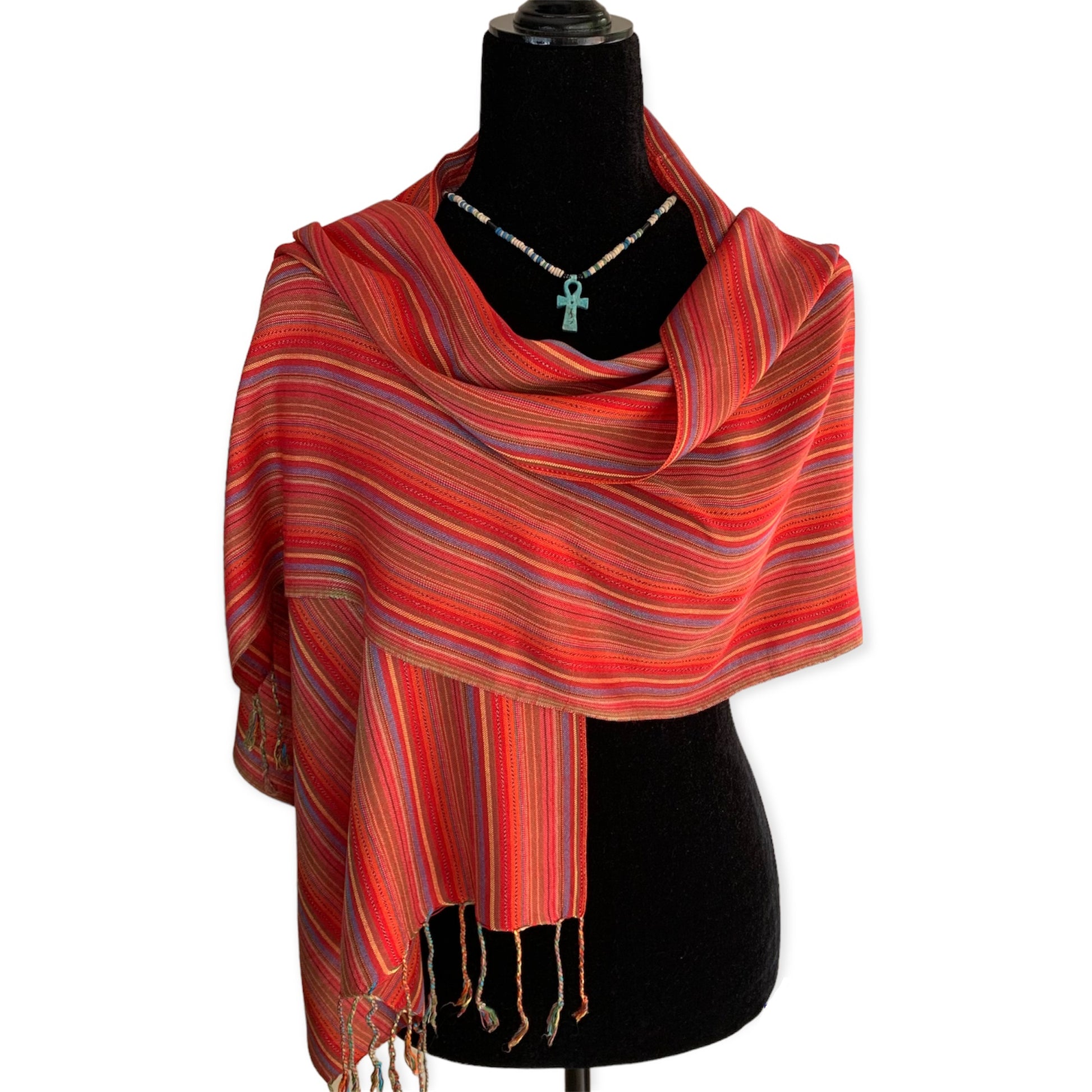 Small Striped Handwoven Bamboo Viscose Scarf - Blue & Yellow with Red