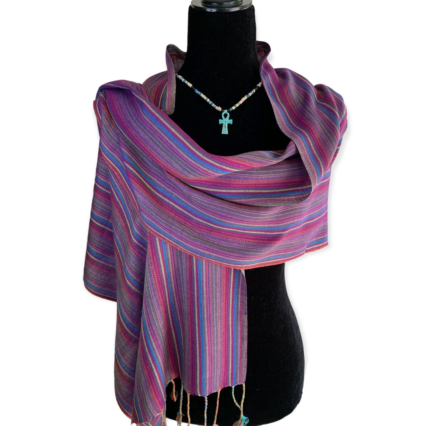 Small Striped Handwoven Bamboo Viscose Scarf - Blue & Yellow with Violet