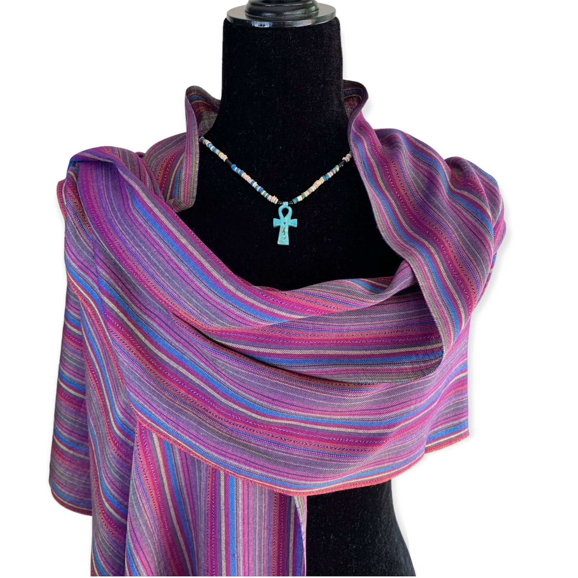 Small Striped Handwoven Bamboo Viscose Scarf - Blue & Yellow with Violet