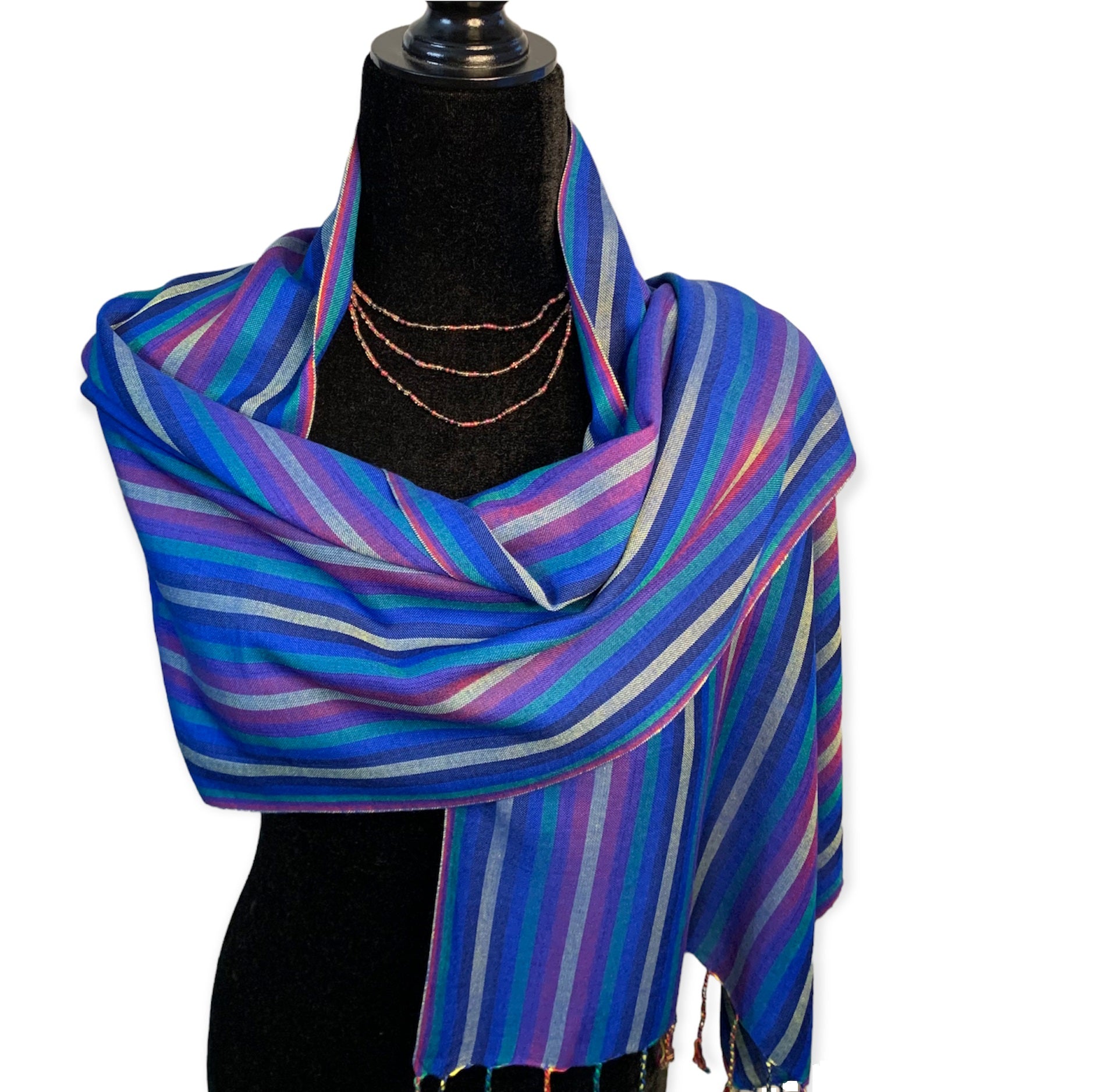 Small Striped Handwoven Bamboo Viscose Scarf - Blue & Cherry