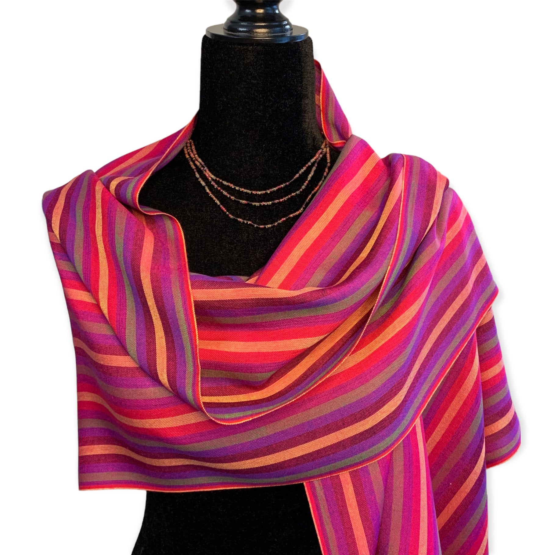 Small Striped Handwoven Bamboo Viscose Scarf - Fuchsia & Violet