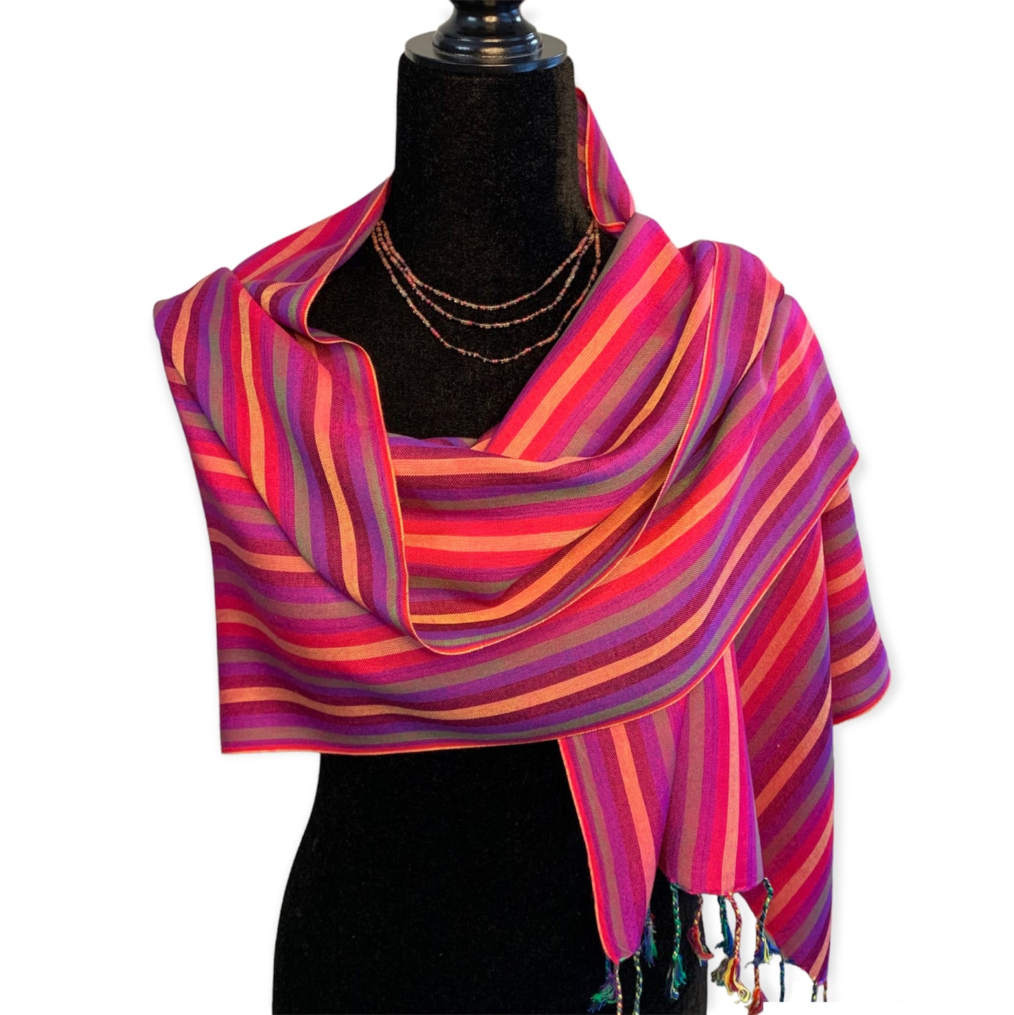 Small Striped Handwoven Bamboo Viscose Scarf - Fuchsia & Violet