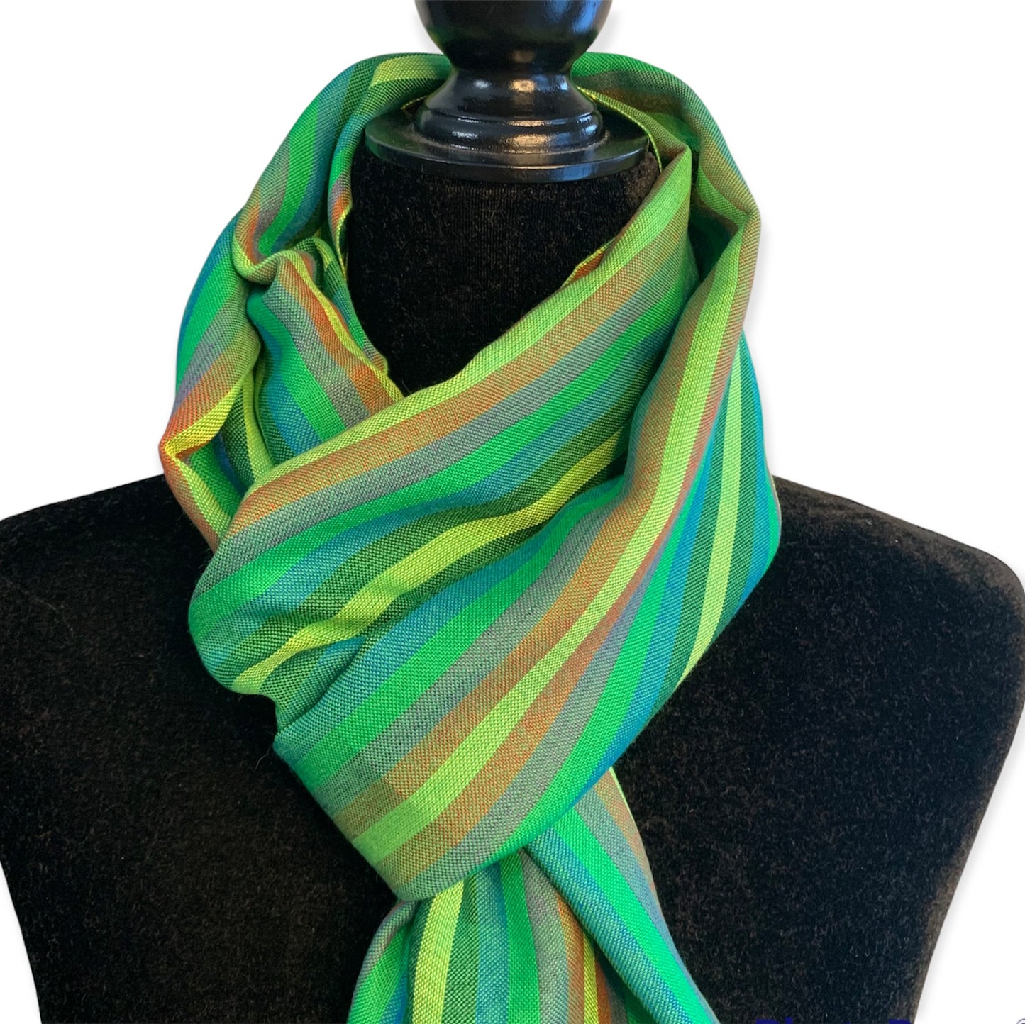 Small Striped Handwoven Bamboo Viscose Scarf - Green & Yellow