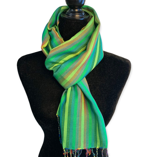 Small Striped Handwoven Bamboo Viscose Scarf - Green & Yellow