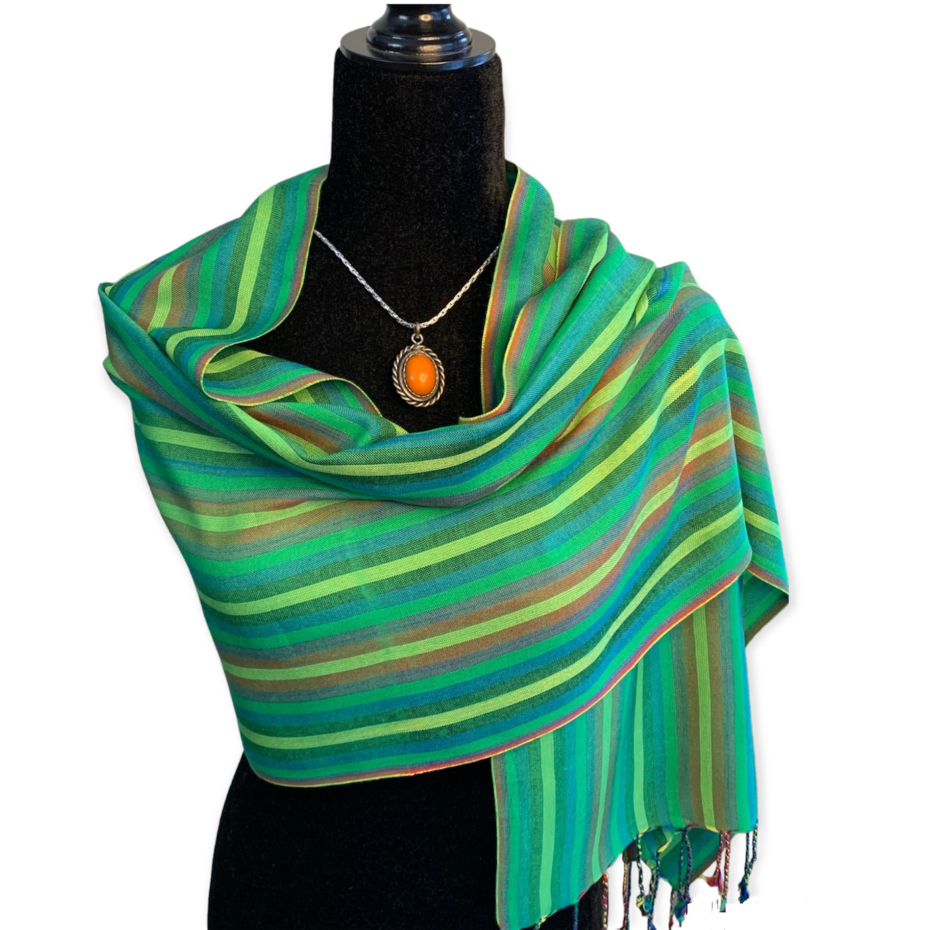 Small Striped Handwoven Bamboo Viscose Scarf - Green & Yellow