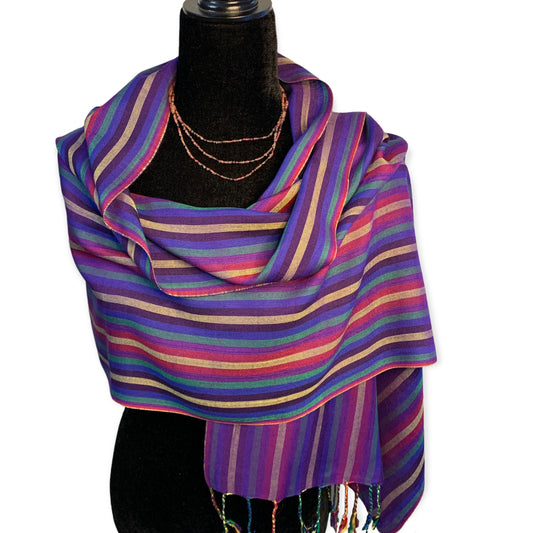 Small Striped Handwoven Bamboo Viscose Scarf - Mauve & Yellow