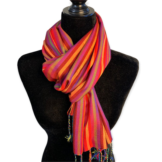 Small Striped Handwoven Bamboo Viscose Scarf - Red & Olive