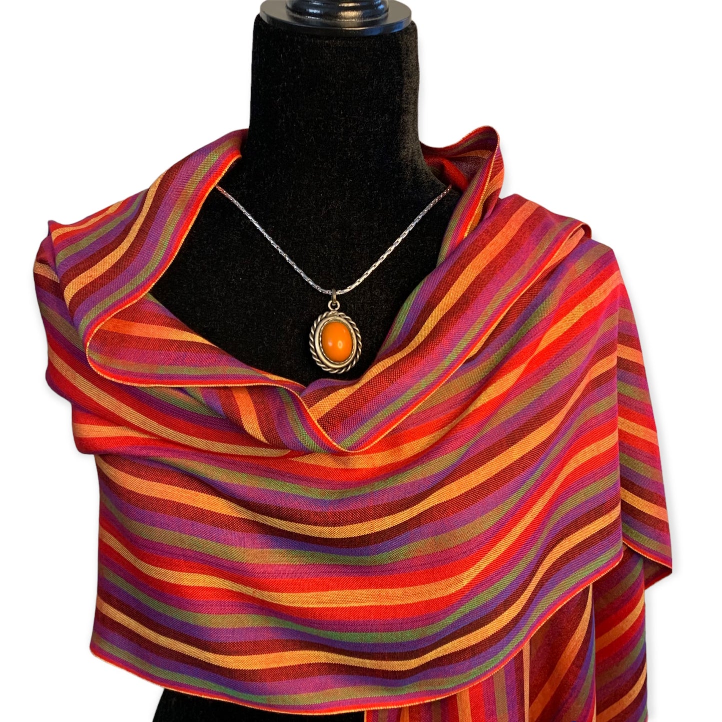 Small Striped Handwoven Bamboo Viscose Scarf - Red & Olive