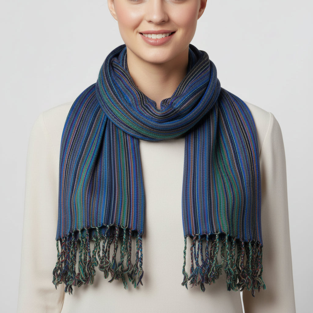Fair trade handwoven striped blue, green & mauve scarf with tassels, sustainable fashion, ethically handmade