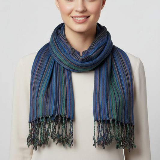 Fair trade handwoven striped blue, green & mauve scarf with tassels, sustainable fashion, ethically handmade