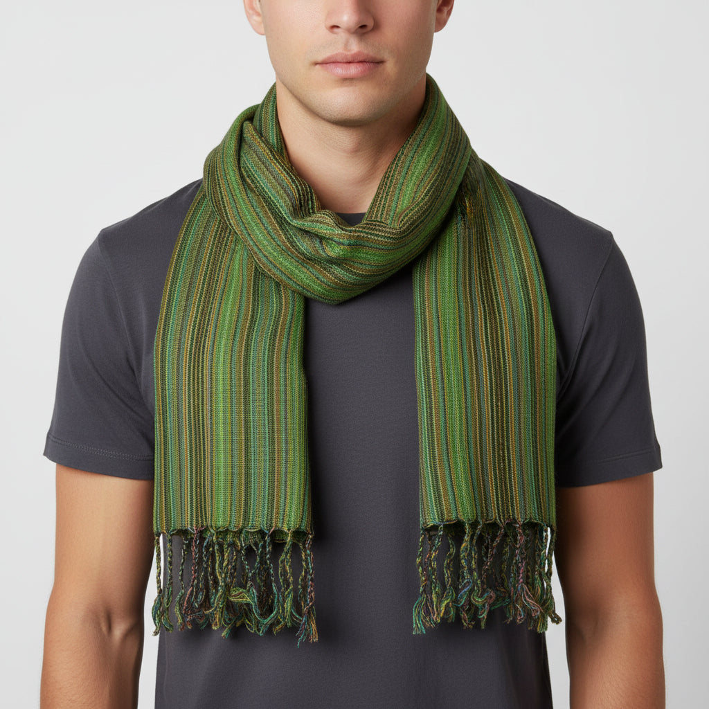 Fair Trade Small Striped Handwoven Scarf - Green & Pistachio, Decorated with Finges, Sustainable Fashion
