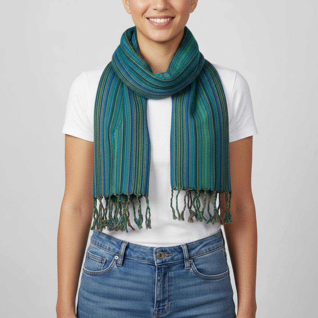 Small handwoven scarf with blue and green stripes, ethically handloomed, fair trade handmade