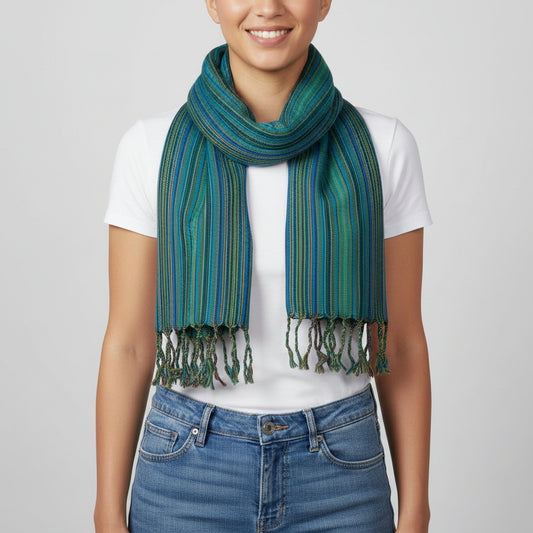 Small handwoven scarf with blue and green stripes, ethically handloomed, fair trade handmade