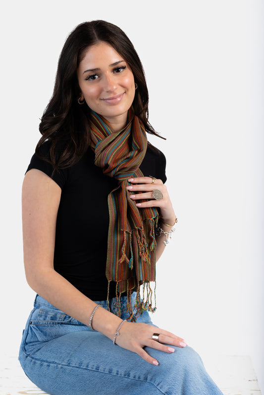 Small Striped Handwoven Bamboo Viscose Scarf - Blue & Yellow with Olive