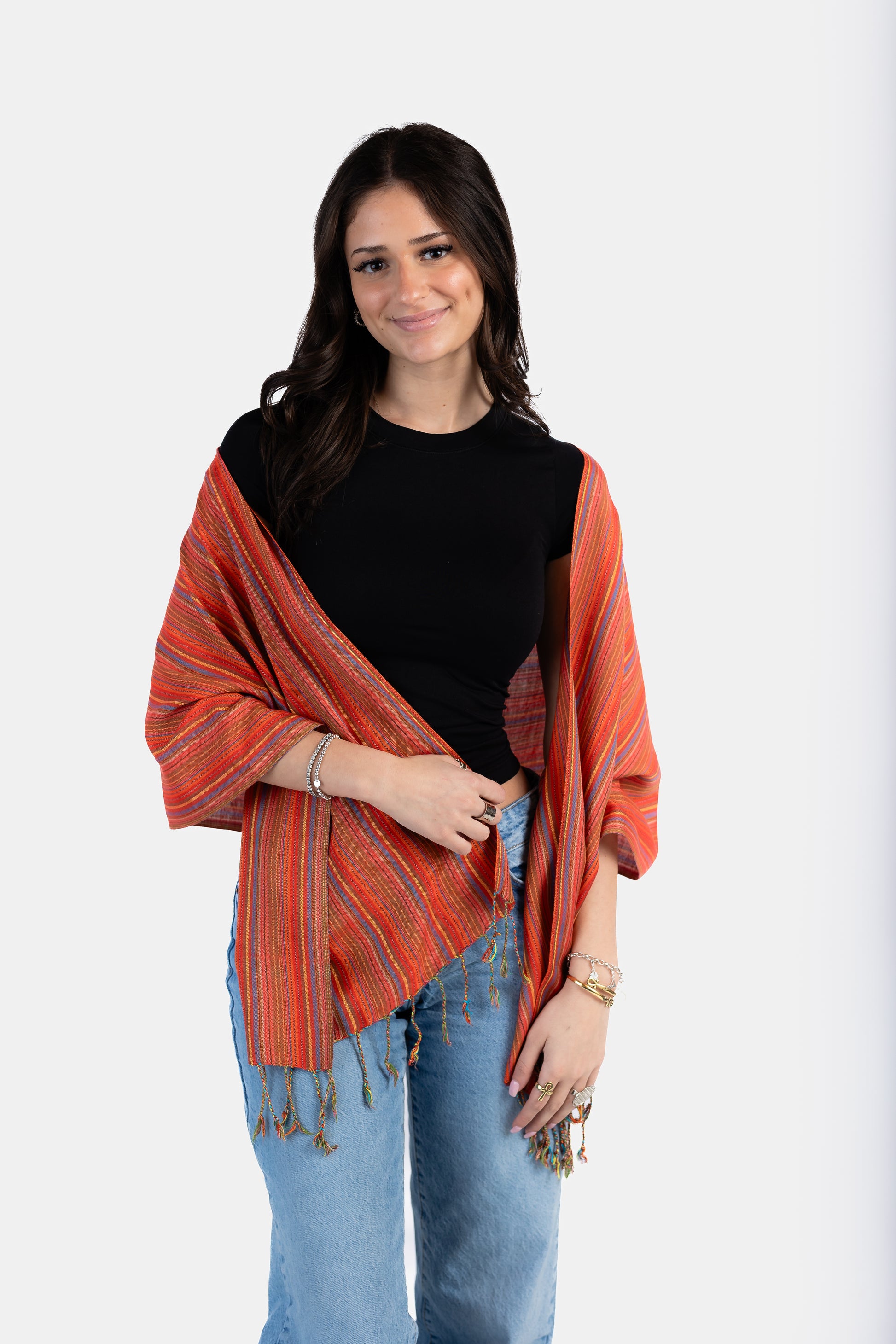 Small Striped Handwoven Bamboo Viscose Scarf - Blue & Yellow with Red