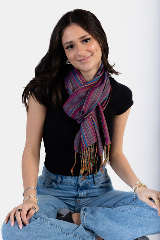 Small Striped Handwoven Bamboo Viscose Scarf - Blue & Yellow with Violet