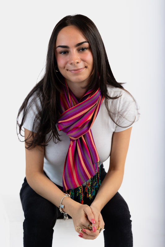 Small Striped Handwoven Bamboo Viscose Scarf - Fuchsia & Violet