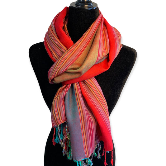 Striped Handwoven Bamboo Viscose Scarf - Red & Teal