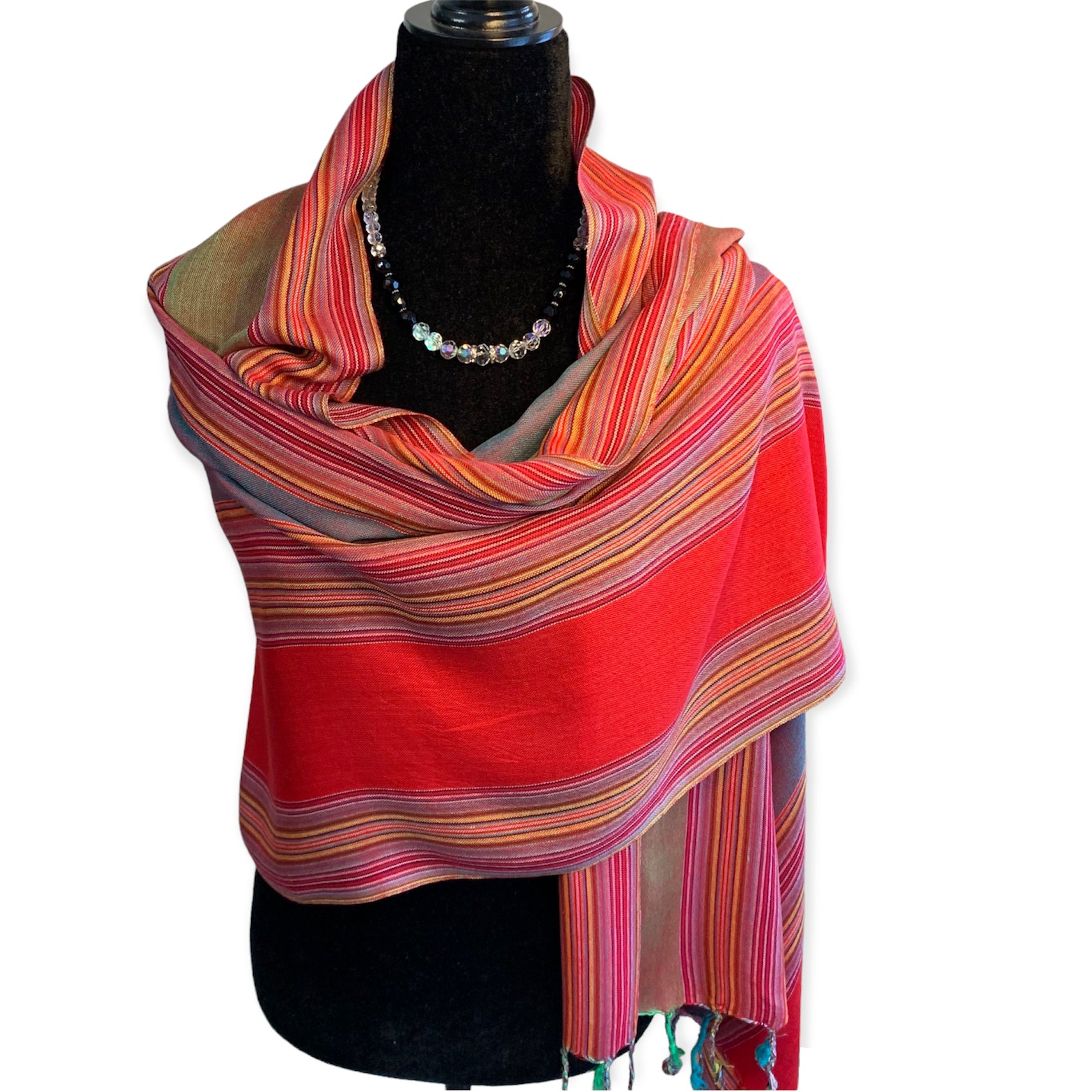 Striped Handwoven Bamboo Viscose Scarf - Red & Teal