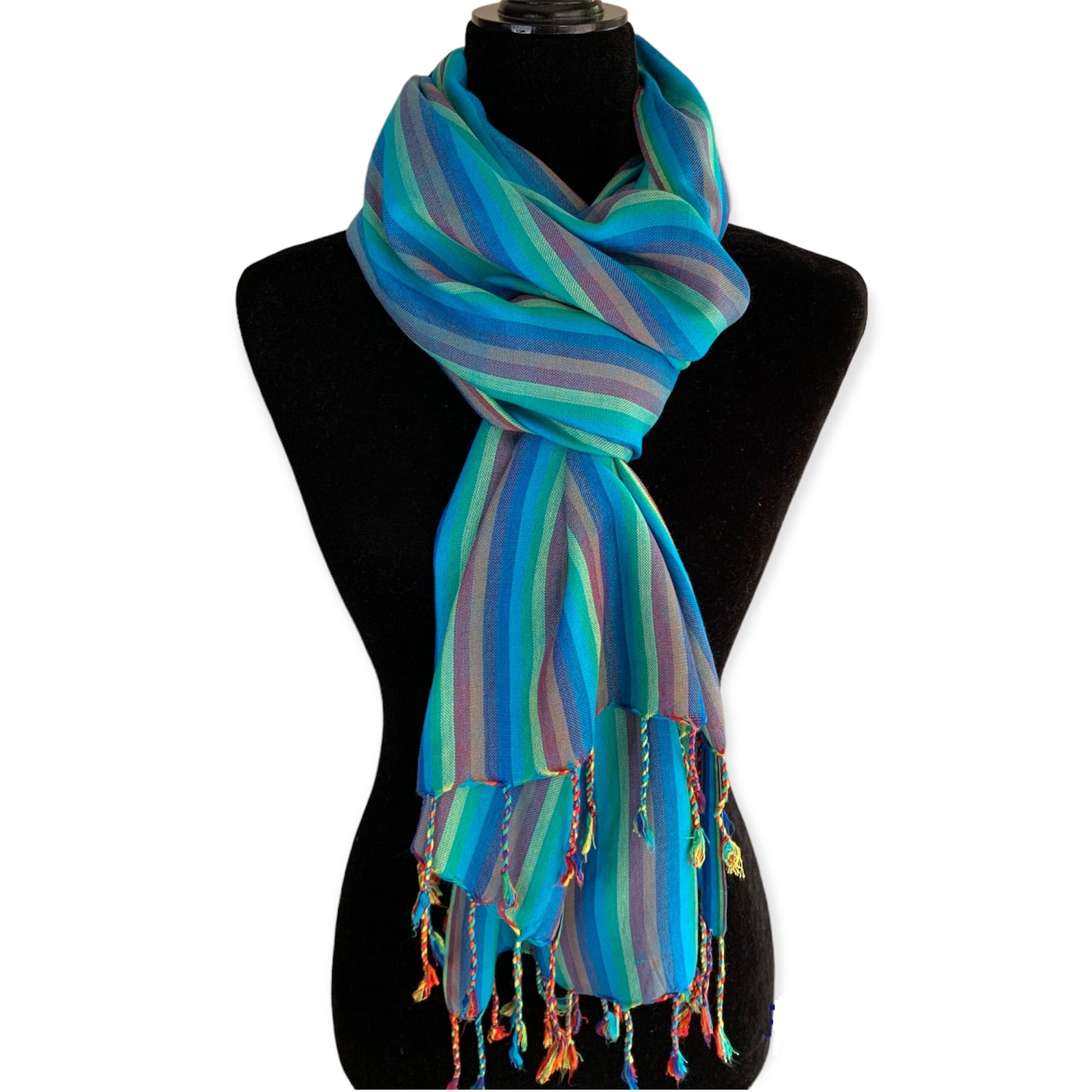 Striped Handwoven Bamboo Viscose Scarf - Turquoise & Yellow