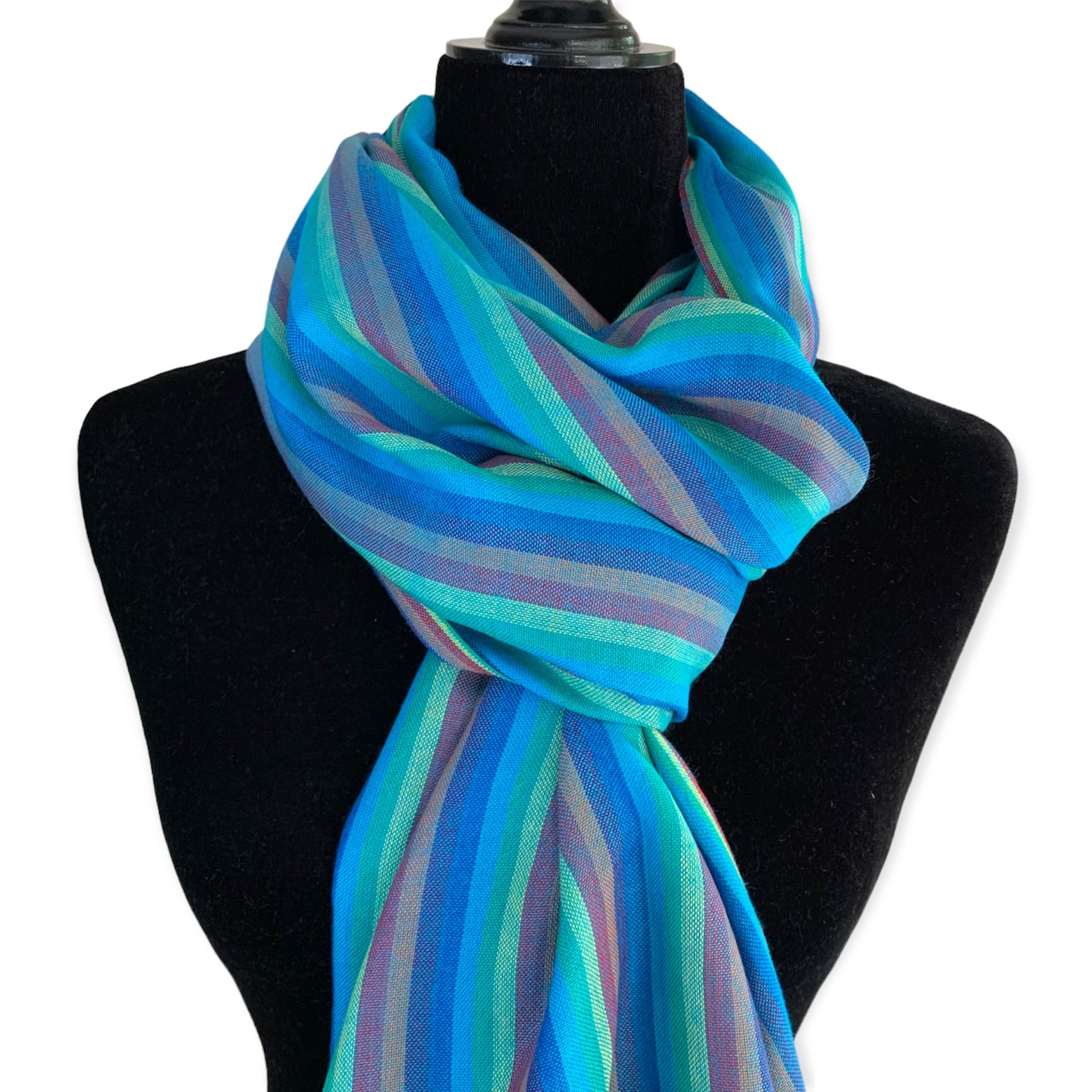 Striped Handwoven Bamboo Viscose Scarf - Turquoise & Yellow